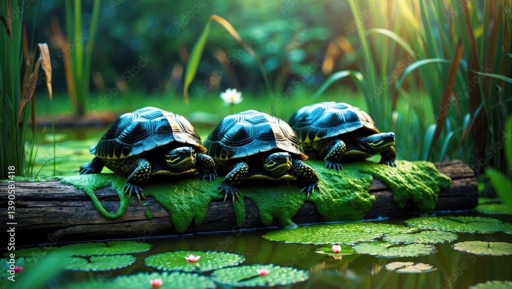 Poster three turtles bask on a wooden log extending from a pond blanketed in green algae. surrounding folia