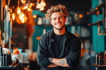 A man standing in front of a bar with his arms crossed