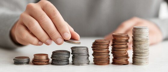 Hand arranging coins in ascending order.