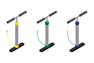 Set of bicycle air pumps in various colors, essential for maintaining tire pressure.