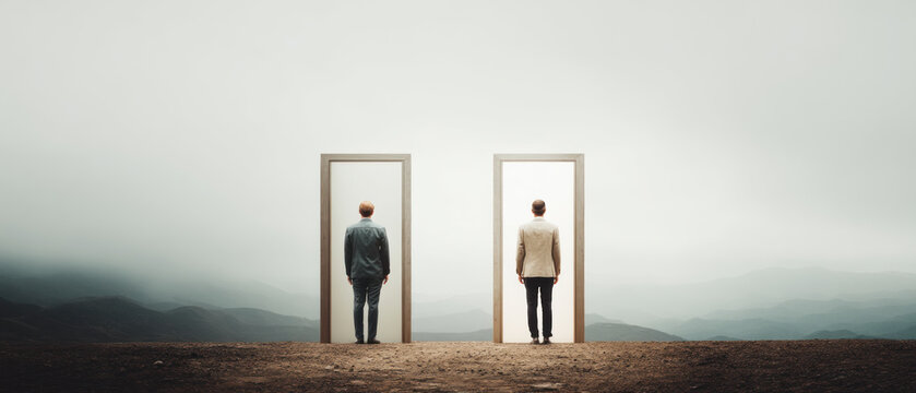 Two men standing before open doors in fog.