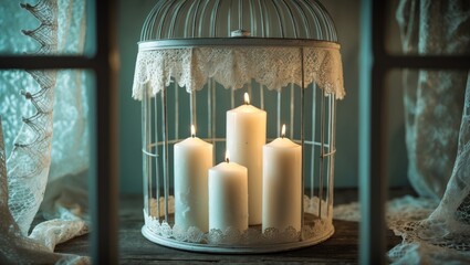 Three white Christmas candles placed within a bird cage. Shabby chic home decor.