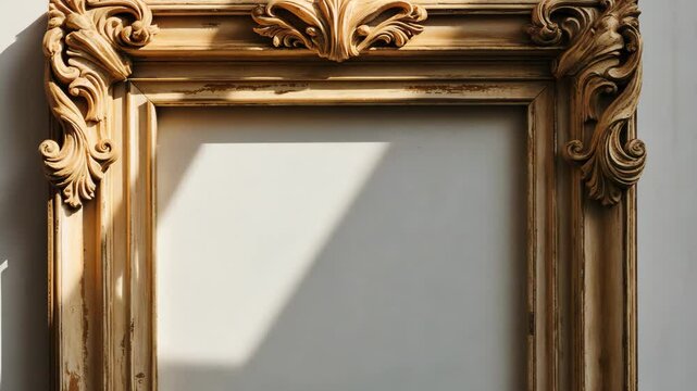 Vintage ornate wooden rectangular canvas frame mockup in antique golden beige on a white backdrop. Blank and diverse subject molding baguette. Design element. Ideal for artwork, mirror, or video.