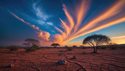 Sunset blue clouds over parched reddish-brown terrain with distant scattered bushes in the rainy season