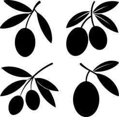 Black olives with leaves vector and Silhouette of olives art collection