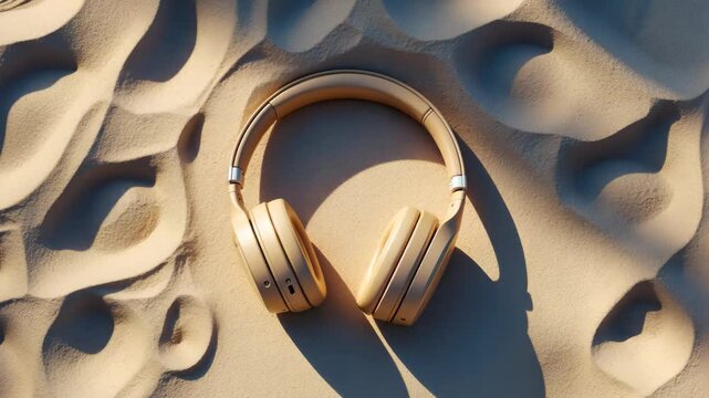 Beige wireless headphones creating a bold sunny shadow on a beige background at an outdoor sports venue. A music accessory for a delightful workout. Empty space. Aerial view.