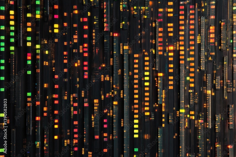 Poster digital data processing visualized with colorful patterns and lines on a dark background, digital da