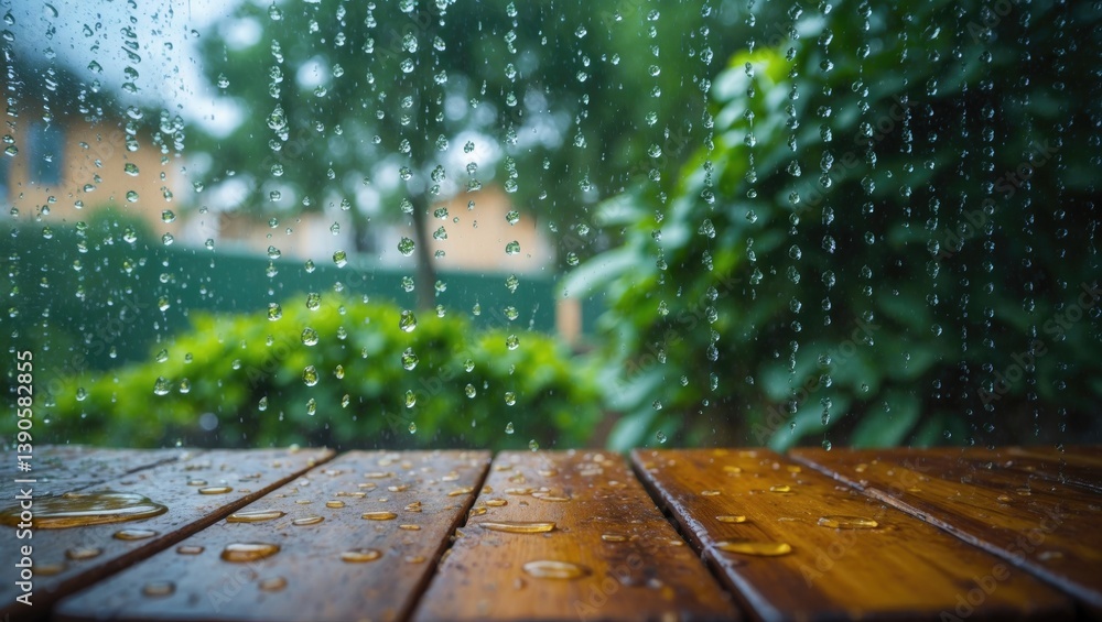 Aufkleber small raindrops on the window glass interact with the green backdrop. plank table surface. blank spa