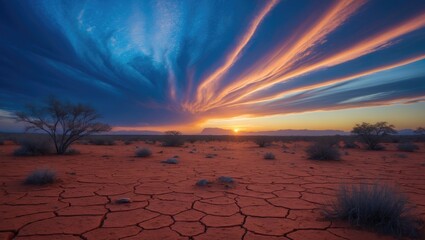 Reddish-brown dry land with blue clouds at sunset and sparse bushes in the distance during the rainy season