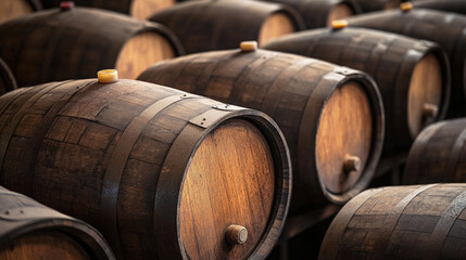 Stacked wooden barrels in a dim cellar, used for aging wine, whiskey, or spirits, showcasing traditional craftsmanship, texture and beverage production process.