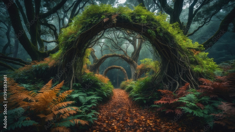 Poster A tranquil forest path is lined with towering trees and dense greenery, while the ground is blanketed in colorful leaves, creating a calming ambiance for travelers.