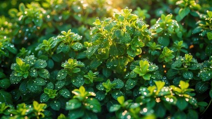 Thyme plant thriving in an organic herb garden. Green thyme backdrop.