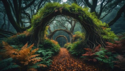 Naklejka premium A tranquil forest path is lined with towering trees and dense greenery, while the ground is blanketed in colorful leaves, creating a calming ambiance for travelers.
