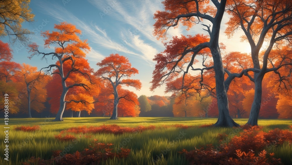 Poster vibrant autumn leaves among trees in a scenic field within a forested area.