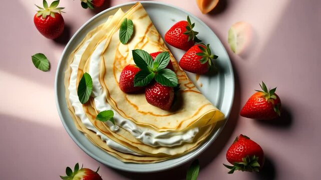 Ricotta cheese and fresh strawberries crepes on a pastel background, viewed from above, with space for text. Delicious thin pancakes.