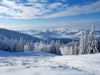 Obraz premium Snow-covered evergreen trees on mountain slope with distant peaks and blue sky