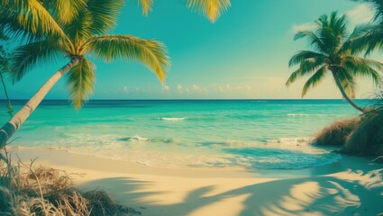 The fronds of palm trees on a tropical shoreline. Background theme.