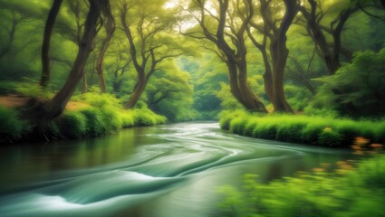 Obraz premium Soft focus backdrop of a peaceful meandering river gently winding through a lush green forest, forming a calm scenery ideal for nature enthusiasts in search of tranquility and unwinding.