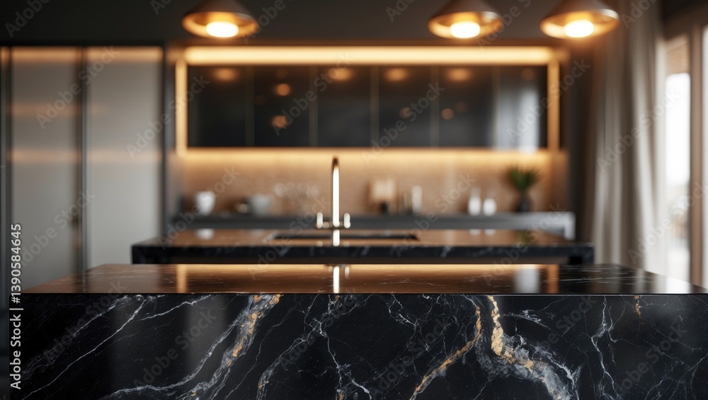 Poster bar counter top in black marble with unoccupied section or product prototype
