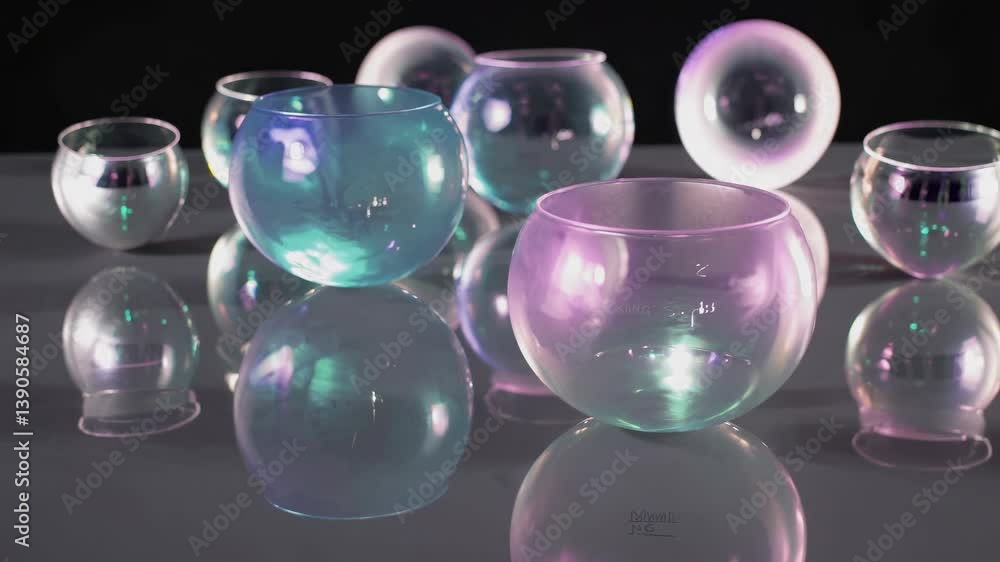 Poster many empty iridescent glass bowls of varying sizes resting on a reflective surface create a stunning