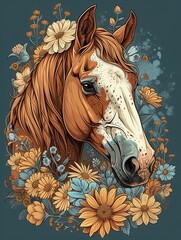Portrait of a horse decorated with flowers.