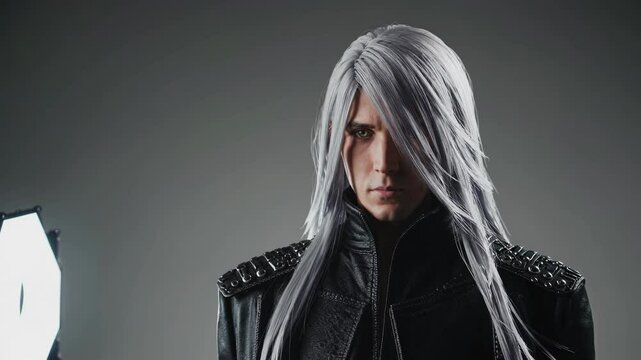 Sephiroth cosplayer wearing a black leather jacket and long silver wig posing in a studio with a softbox illuminating him during a photoshoot