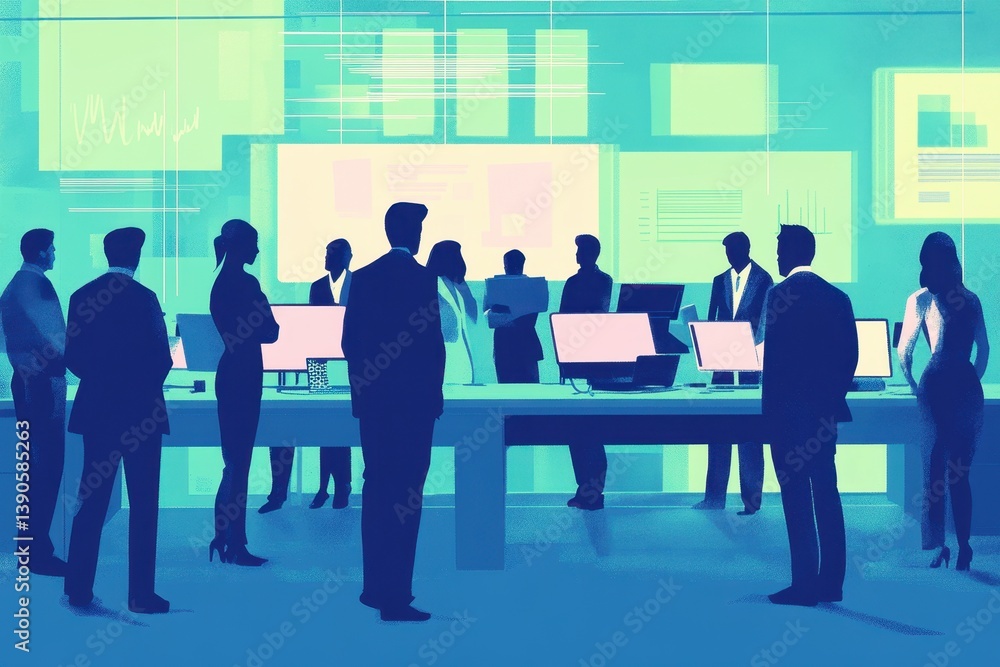 Poster data processing meeting with diverse business professionals discussing analytics strategies in a mod