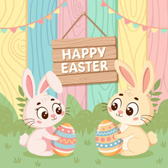 Cute cartoon-style bunnies hold colorful Easter eggs in an outdoor garden. A wooden “Happy Easter” sign hangs in front of a colorful fence.