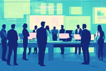 Fototapeta premium Data processing meeting with diverse business professionals discussing analytics strategies in a modern workspace, data processing over diverse business people at meeting