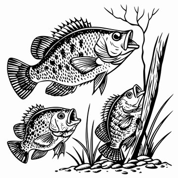 Three monochrome crappies swimming near reeds and rocks in a detailed illustration style design here now