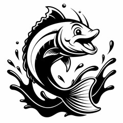 Obraz premium Cartoon illustration of a fish jumping out of the water with a splash in monochrome style design
