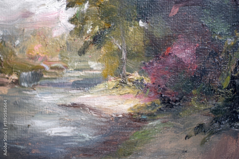 Poster Exploring a serene landscape with reflections in a calm river during the late afternoon, works close-up, looking around the area
