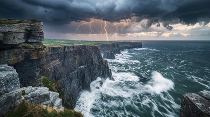 Obraz premium Dramatic stormy coastal landscape with lightning and crashing waves