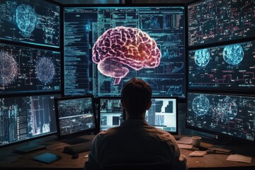 Brain processing data visualization in a modern workspace with multiple screens, human brain over data processing on screens