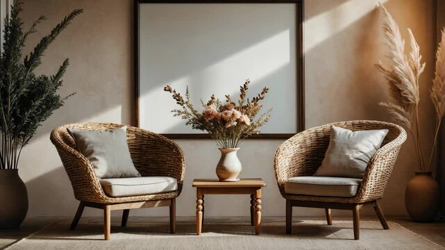 Chair, floral vase on coffee table and framed picture on wall in the room