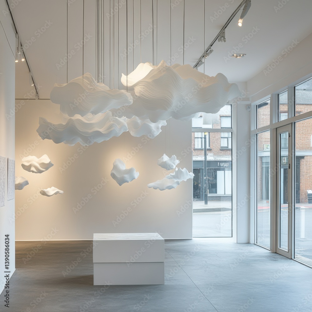 Poster unique modern art installation featuring cloud-like sculptures in a minimalist gallery space showcas