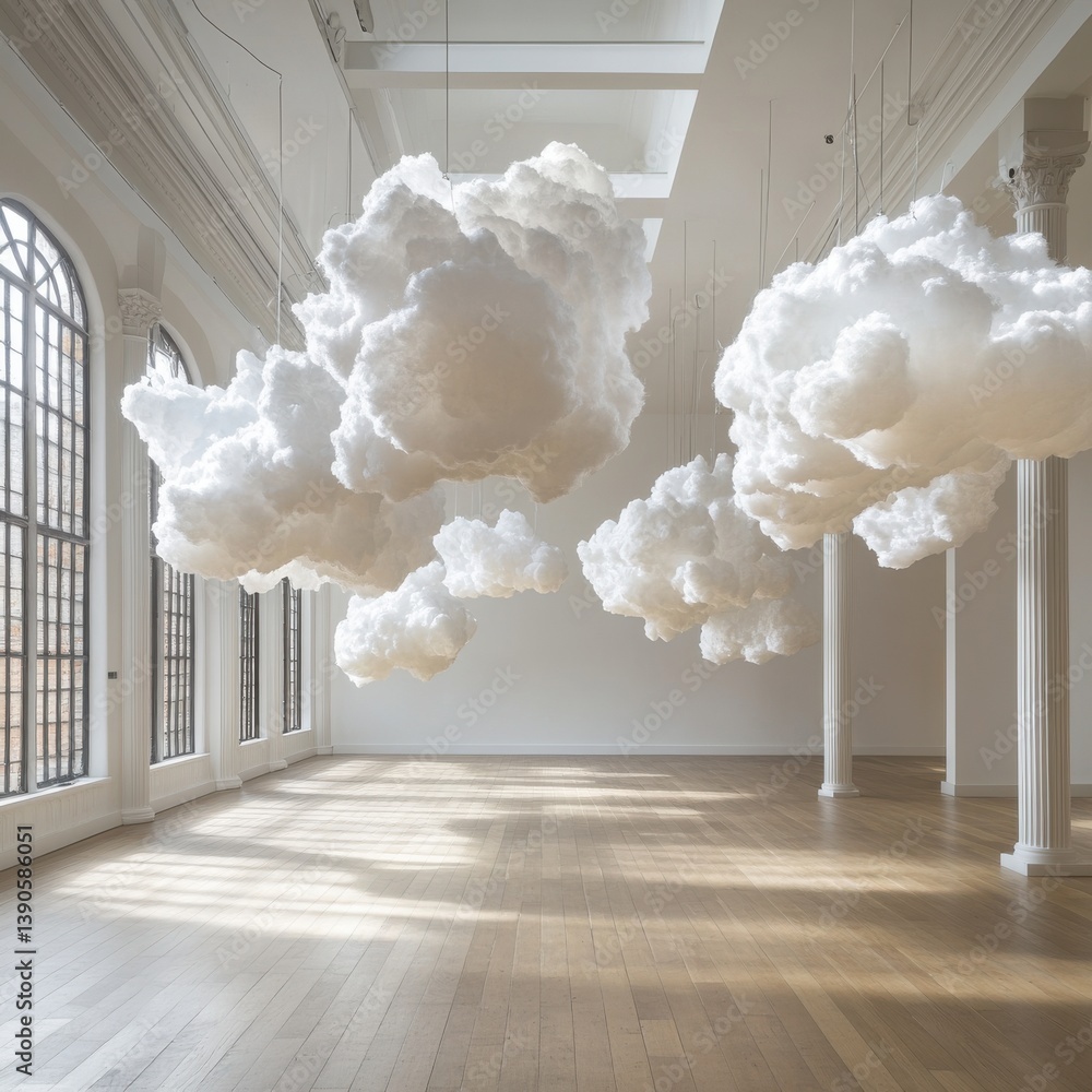 Poster whimsical cloud installations create a serene atmosphere in a bright gallery space with natural ligh