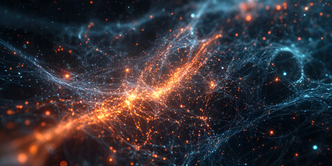 Abstract digital network with glowing orange and blue lights, Futuristic digital network with glowing particles and vibrant lines
