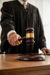 Dramatic moment captured as lawyer prepares to strike gavel in courtroom setting
