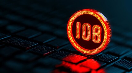 Illuminated number one hundred and eight on a dark patterned surface creating a bold glowing design with abstract technology.