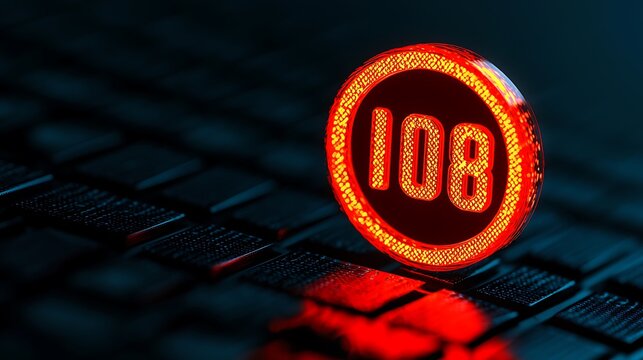 Illuminated number one hundred and eight on a dark patterned surface creating a bold glowing design with abstract technology. - Powered by Adobe