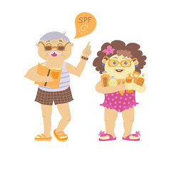 The Sun's Harmful Uv Rays And Can Be Prevented By Using Sunscreen. Cartoon Seniors with  Sunscreen cream and lotion. Vector Illustration isolated on a white background
