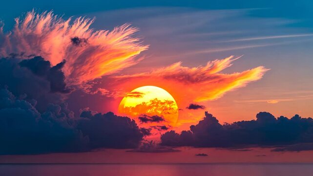 Colorful sunset sky with the sun setting behind clouds.