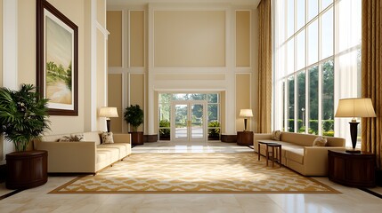 Luxury Hotel Lobby Interior with Elegant Seating, Large Windows, and Neutral Color Palette DÃ©cor.