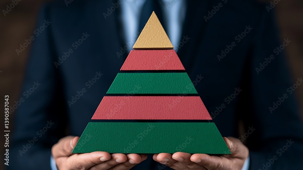 Aufkleber man in suit holding colorful pyramid layers represents levels of a system or hierarchy for success, 