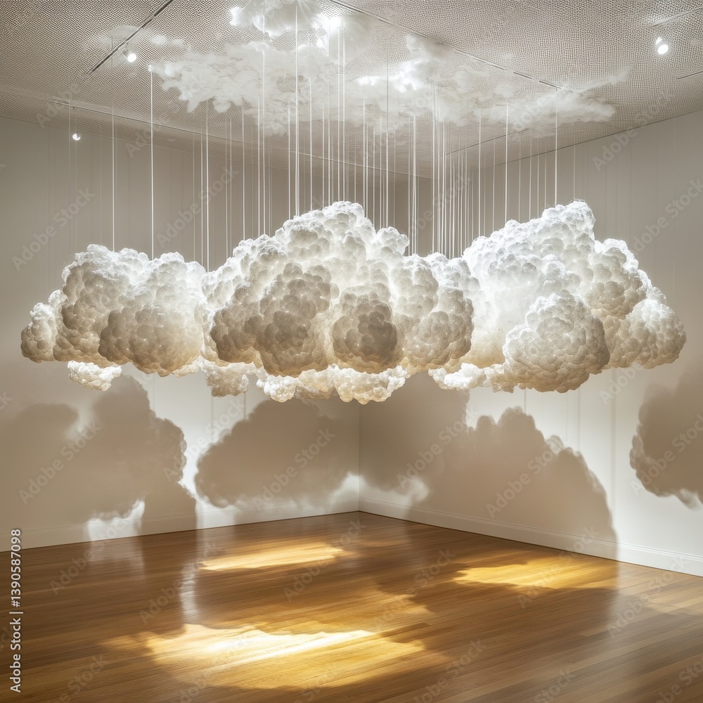 Poster floating cloud installation creates an ethereal atmosphere in modern art gallery
