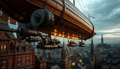 Obraz premium Airship over the city. Steampunk style fantasy