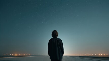 Fototapeta premium Person Facing Starry Sky with Distant Lights