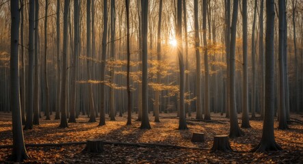 The sun shines through a thick forest of tall, slender trees, creating long shadows on the ground covered in leaves. A tranquil and enigmatic atmosphere dominates this woodland.