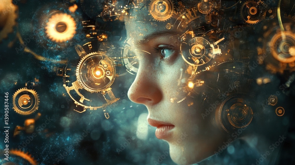 Poster a thoughtful person with gears and clockwork elements overlaid